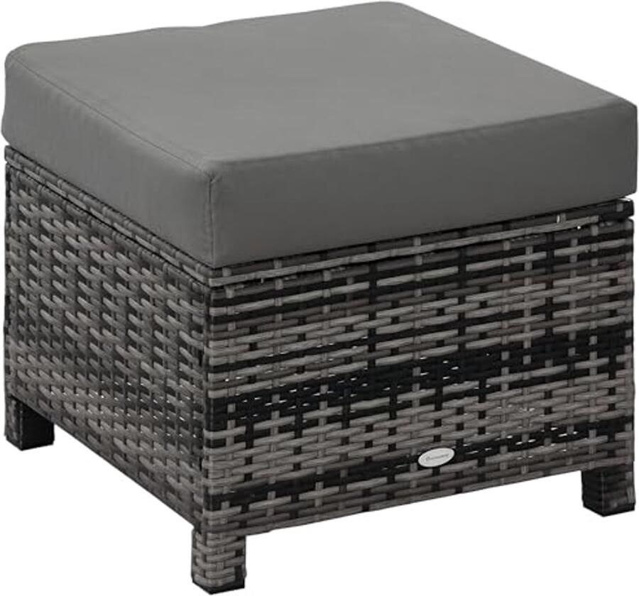 Rotan Voetenbank met Gewatteerd Kussen voor Buiten Multifunctionele Ottomaanse voor Tuin Terras en Woonkamer Grijs (50 x 50 x 35 cm)