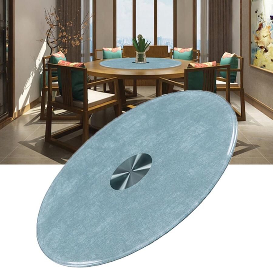 Roterend dienblad serveerschaal voor eettafel met glazen tafelblad en blauw marmeren ontwerp