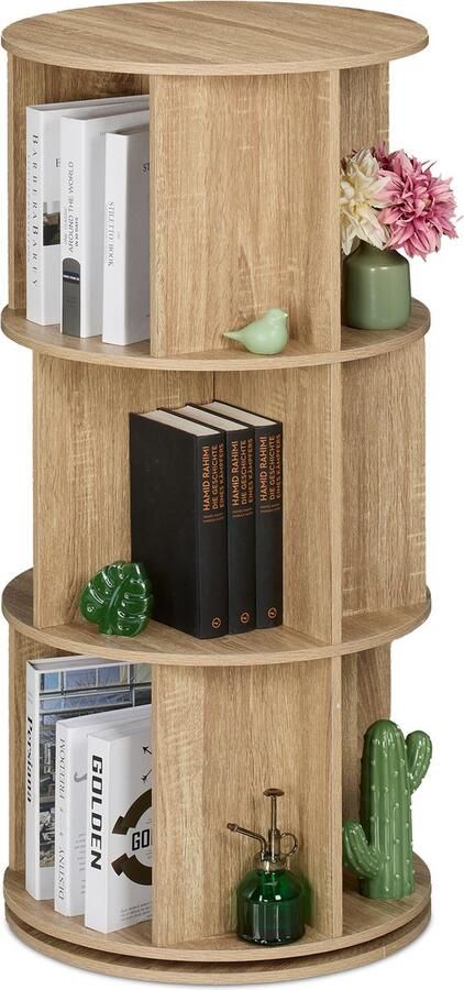 Relaxdays roterende boekenkast 3 laags 15 vakken 104 x 50 cm hout look