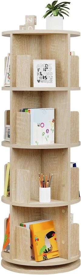 NELLA Roterende boekenkast 4 niveaus 16 vakken 360° Draaibare boekenplank voor woonkamer kantoor of kinderkamer Hout