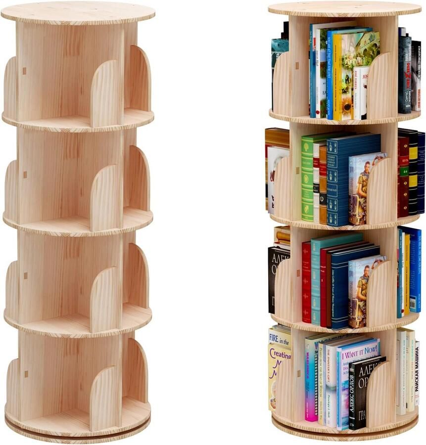 Roterende boekenkast staand rek 360 graden opbergrek voor kinderen en volwassenen multifunctioneel boekenrek van massief hout (4 planken)