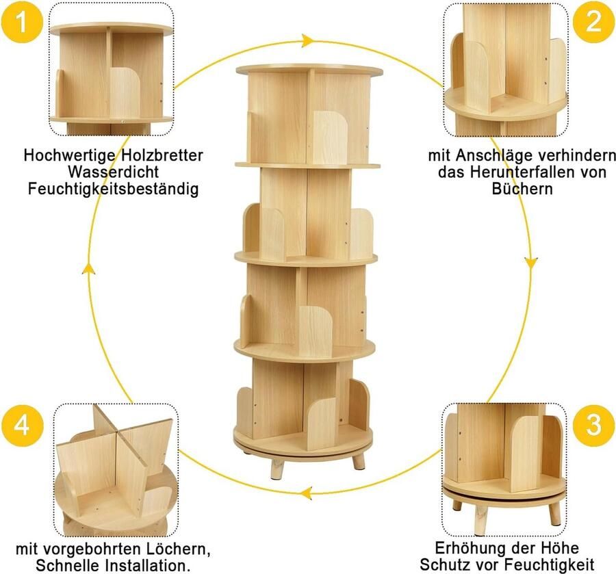 Roterende Boekenkast Staand rek Houten Planken 360 Graden Boekenplanken 4 Verdiepingen Kinderen en Volwassenen