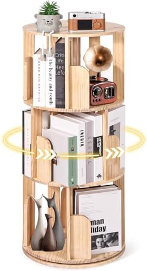Roterende boekenkast van massief hout Draaibaar boekenrek voor kinderen en volwassenen 3 verdiepingen 360 graden display smal opbergrek