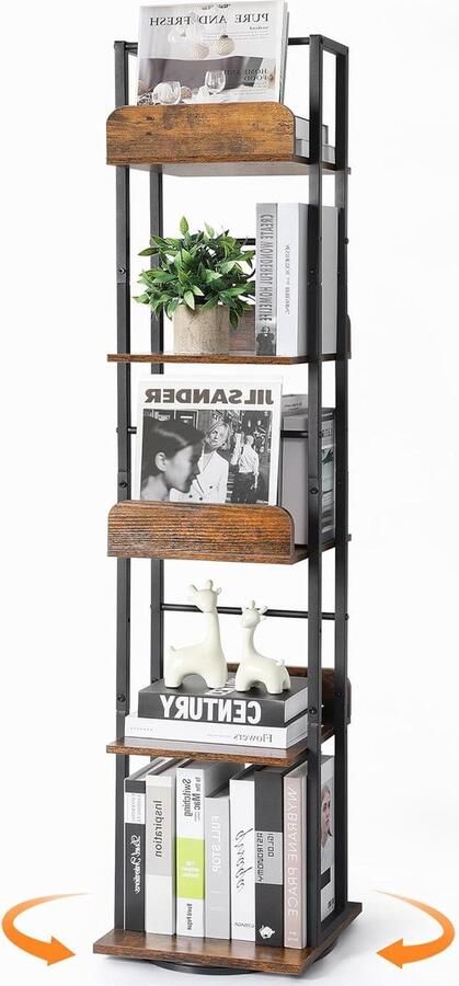 Roterende Boekenplank Hoge Industriële Boekenkast 5 Niveaus Rustiek Metaal