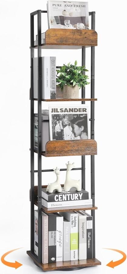 Roterende Boekenplanktoren met 5 Niveaus voor Hoekgebruik Vloerstaande Industriële Boekenkast voor Woonkamer en Thuiswerkplek