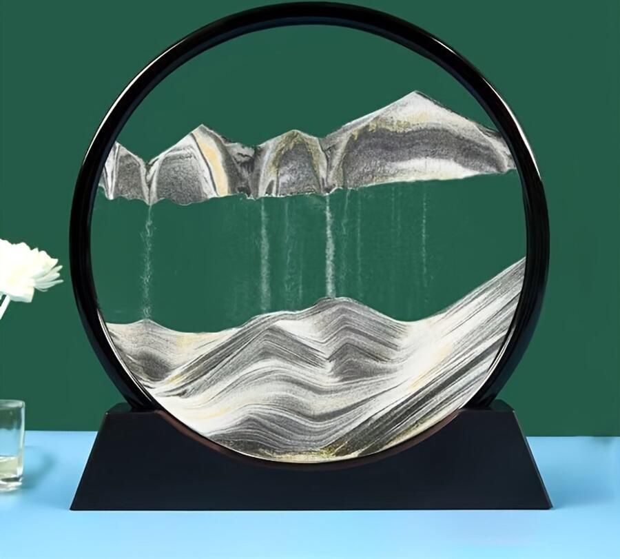 Roterende Zandkunst 360° – Zwart – Stromend Schilderij – Glazen Decoratie voor Tafel of Wand