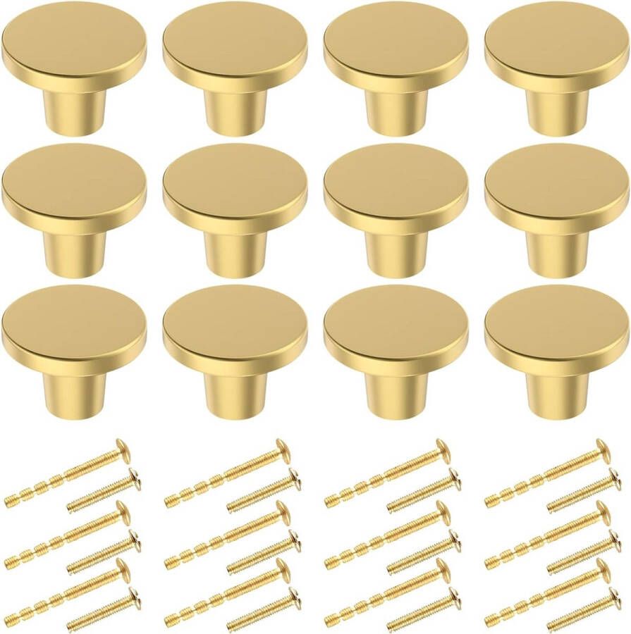 Round Cabinet Knobs Pack of 12 Gold Furniture Knobs 25 mm Brass Cabinet Handles with Screws for Wardrobe Dresser Drawers