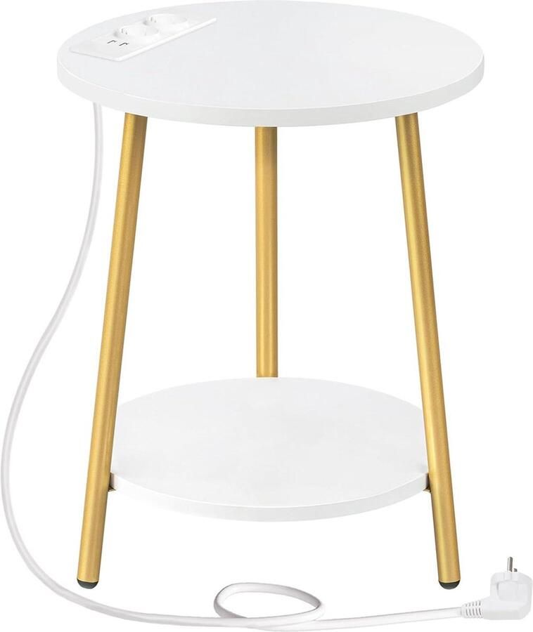 Round Coffee Table with Charging Station 2 Levels Small Space Living Room Table Bedside Table Sofa Table White and Gold