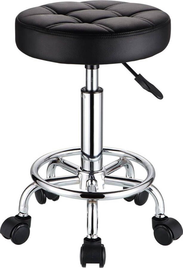 Round Rolling Stool PU Leather Stool Height-Adjustable Swivel Stool with Wheels Black