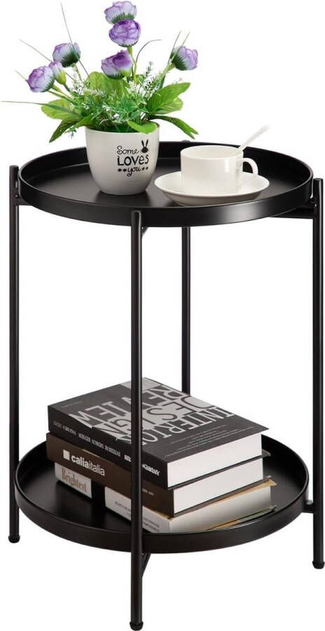 Round Side Table 2 Levels Side Table Metal Tray Snack Table Coffee Table Tea Table Bedside Table Sofa Table for Living Room Bedroom Balcony Patio Black