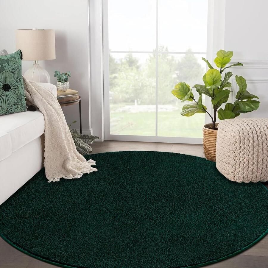 Round Washable Microfiber Fluffy Shaggy Green Rug Soft Modern Rug for Living Room and Bedroom 120cm