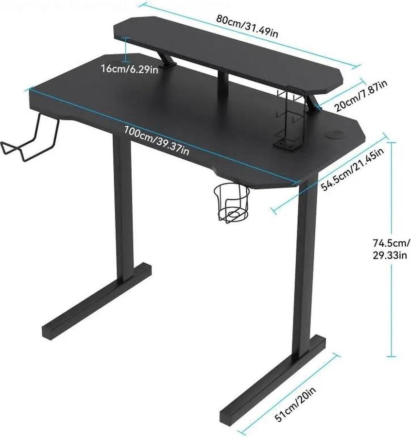 Roxana Bureau Zwart Hout Studiebureau Werkbureau Gamebureau 100x54 5x74 5cm Met Plank Huiskamerbureau Bureau