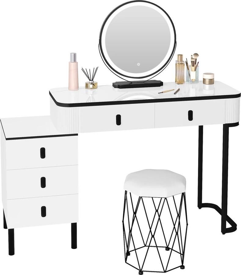 Roxana Make Up Tafel Met LED-Verlichting Spiegel En Stoel Kaptafel Wit En Zwart Slaapkamer Inclusief Spiegel Met LED-Verlichting En Stoel Kruk