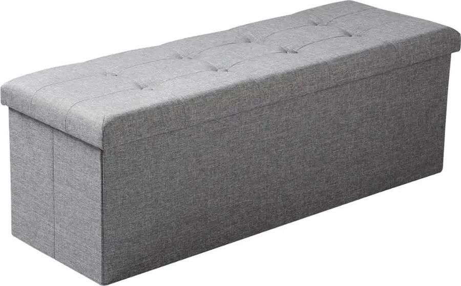 Roxana Poef Met Opslagruimte Grijs Linnen Woonkamer Meubel Opvouwbare Kruk Slaapkamer 110x38x37 5 cm