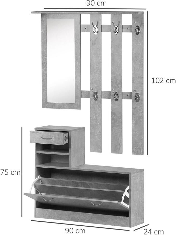 RoyaLuxe 3 Delige Garderobe Set Garderobe Kapstok Hangend Kapstok Haken Kapstok Muur Spiegel Spiegels Schoenenkast Schoenenbank Schoenen Kast Schoenen Halmeubel Organizer Schoenen