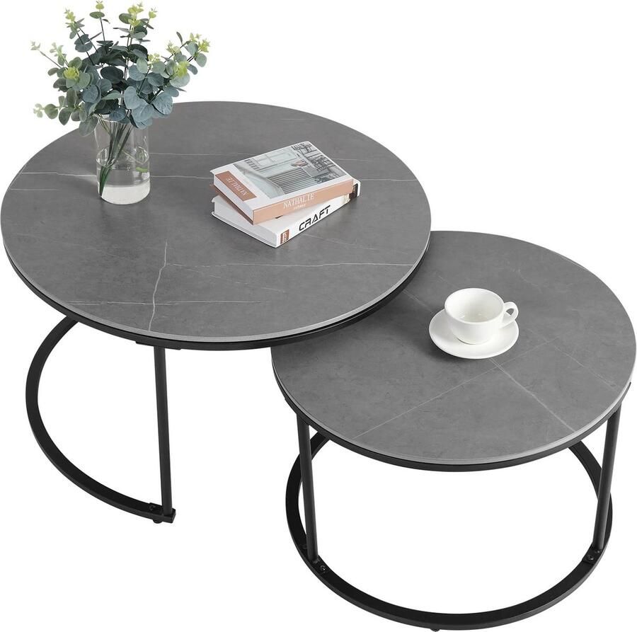 Carlovo Salontafel Ronde Salontafels Koffietafel Bijzettafel Set van 2 Marmerlook Gesinterd steen 80 en 60 cm Zwart frame Donkergrijs