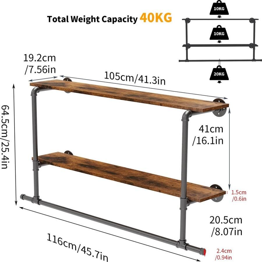 RoyaLuxe Kledingrek Kledinghangers Kledingrek Hout Kledingrekken Kledingrek Metaal Rek Wandplank Wandkapstok Kledingrek Wand