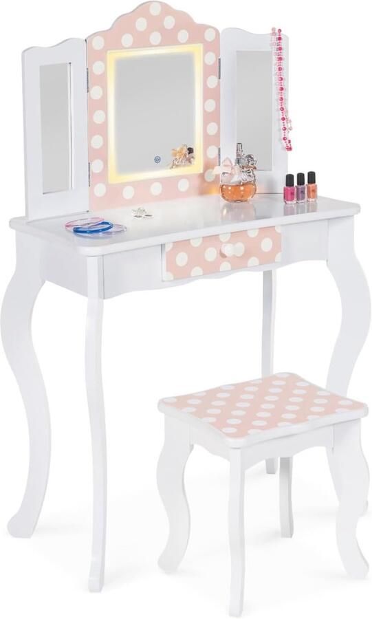 ROZA LED Kaptafel – Wit en Roze Met 3 Spiegels en Kruk Stijlvol en Functioneel Meubel voor Slaapkamer of Make-up Hoek