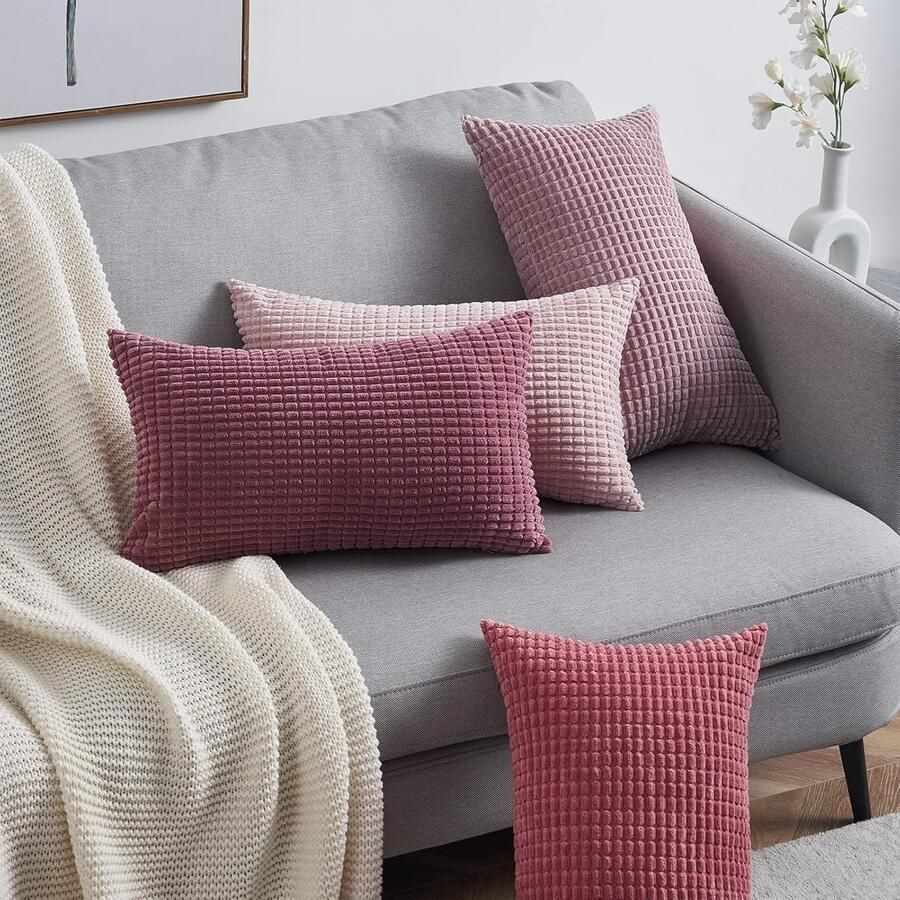 Set van 4 roze kussenhoezen 30 x 50 cm corduroy kussenhoezen decoratieve kussenhoes voor bank slaapkamer woonkamer balkon kinderen pluizig kleurverloop - Foto 2