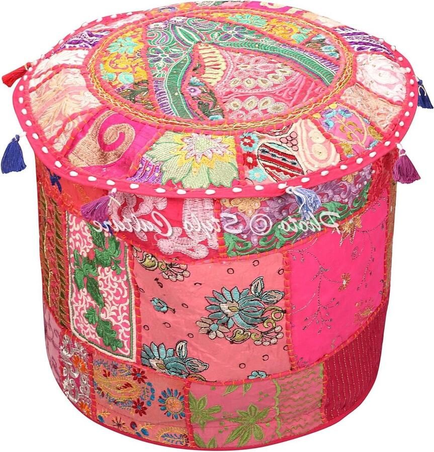 Roze Etnische Geborduurde Patchwork Katoen Traditionele Ronde Poef Ottomaanse Cover 45cm 18x18x13 Inch