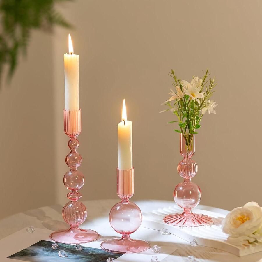 Roze Glazen Kaarsenhouder: Kleurrijke Staafkaarsenhouder Decoratie Kaarsdecoratie Eettafel Vintage Glazen kaarsenhouder voor Woonkamer Bruiloft Feest Set van 3