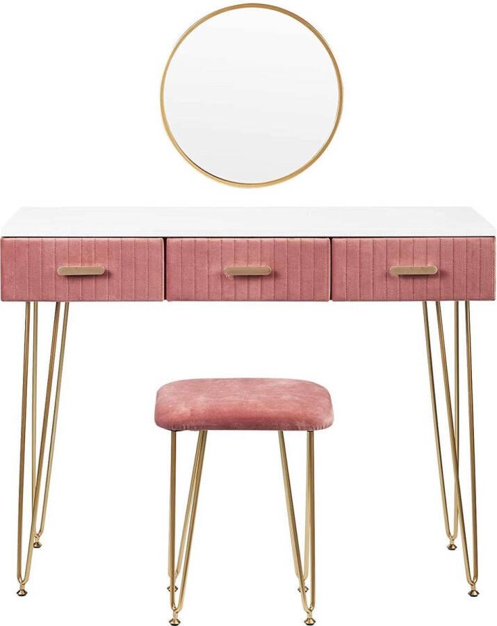 Roze Kaptafel met Spiegel en Krukje Make up tafel Spiegel met opbergruimte Fluweel Roze Slaapkamer accessoire - Foto 1