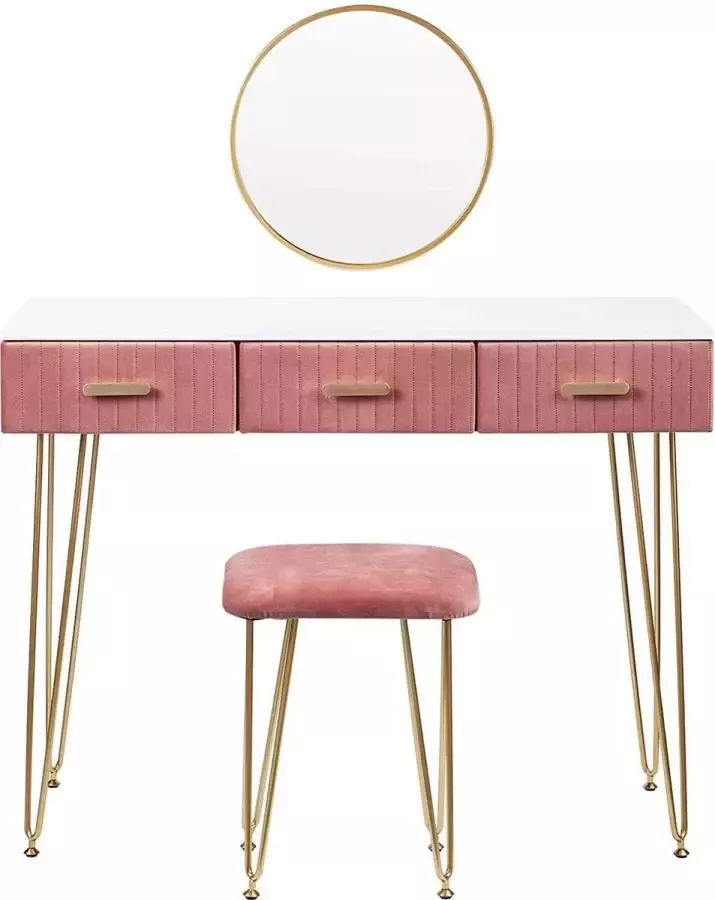 Roze Kaptafel met Spiegel en Krukje Make up tafel Spiegel met opbergruimte Fluweel Roze Slaapkamer accessoire