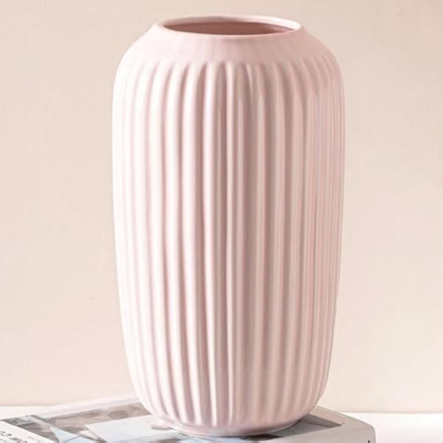 Roze keramische vaas grote bloemenvaas in Franse landelijke stijl voor huisdecoratie geribbelde vaas voor bruiloft eettafel kantoor slaapkamer 25 cm