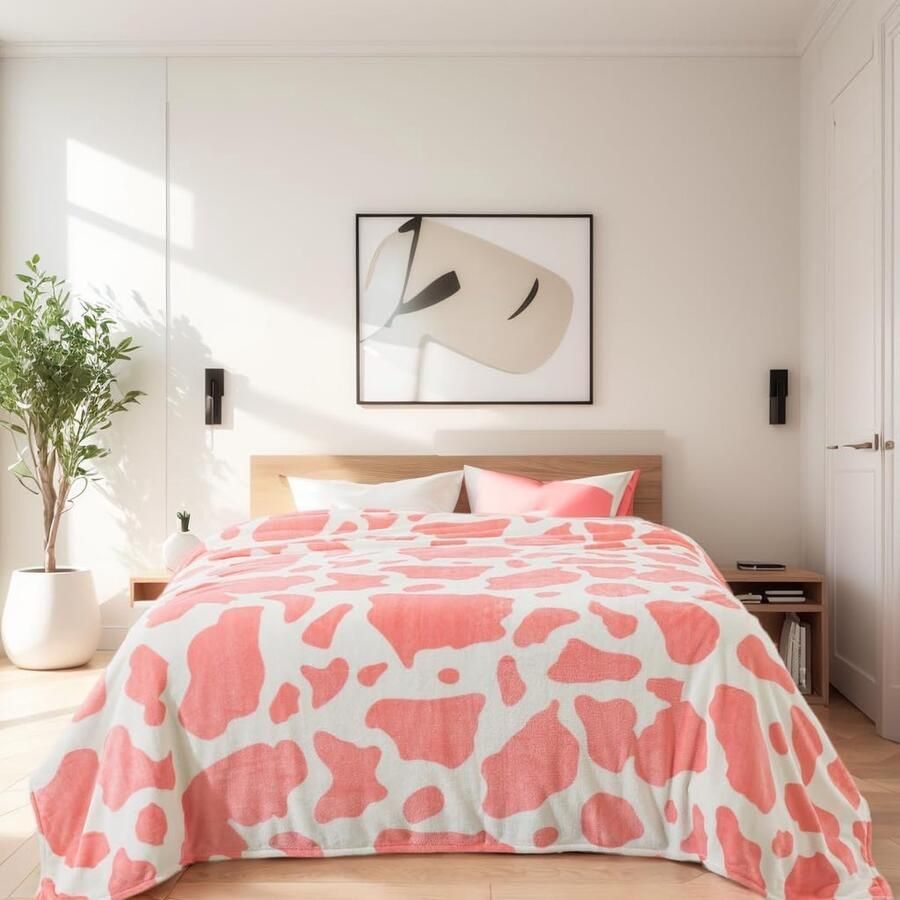 Roze koe bedrukte deken zachte fleece flanellen deken lichtgewicht leuke comfortabele warme koe textuur roze en witte koe dekens voor bank slaapbank 130 x 150 cm