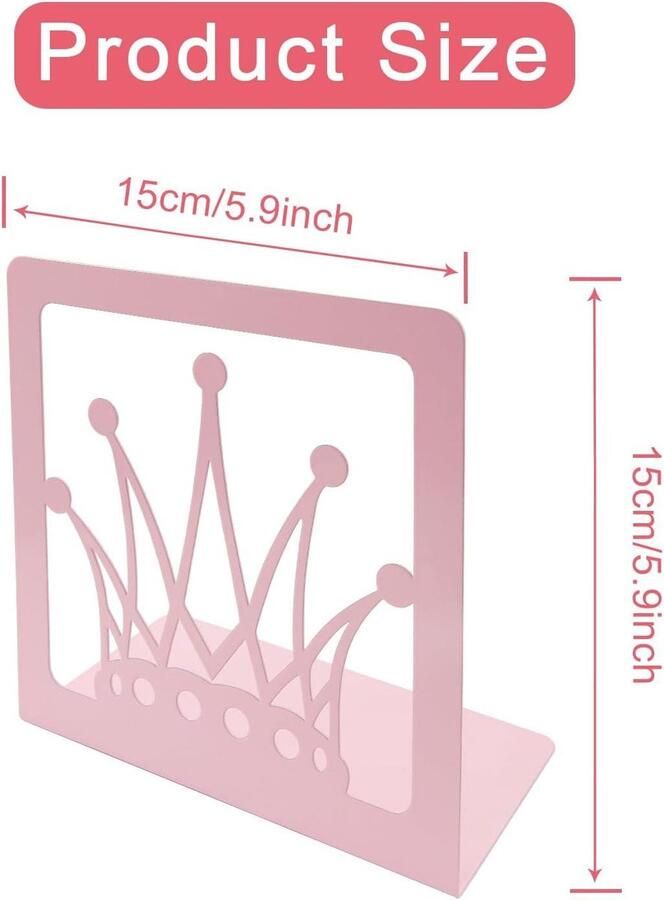 Roze kroon boekensteunen Koninklijke metalen bureau organizer voor kinderen Antislip ijzeren houder voor boekenplank Unieke decoratie voor thuis met konings thema