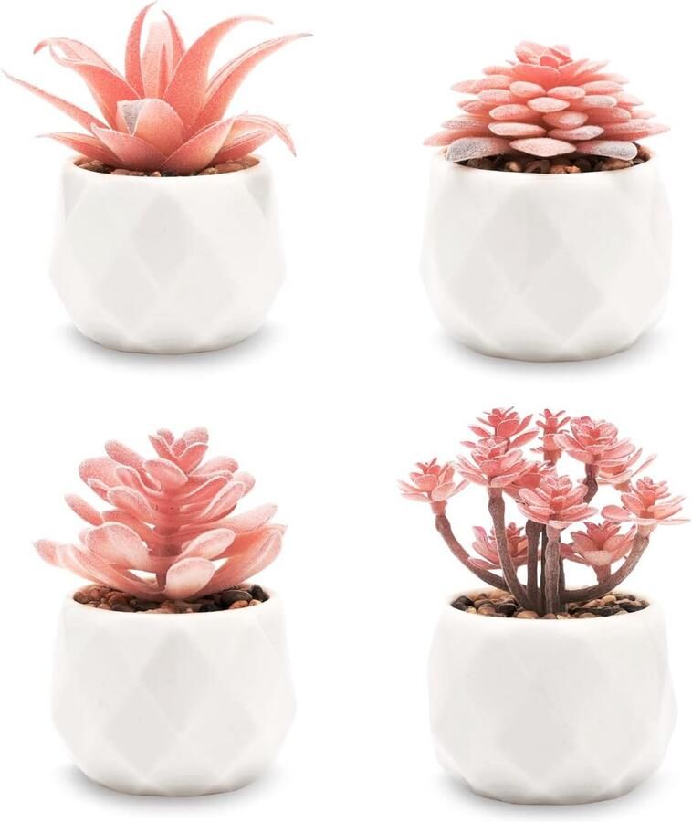 Roze kunstmatige vetplanten in witte keramische potten (set van 4) Levensechte roze kunstmatige mini-vetplanten voor op het bureau thuisplank en andere decoratieve oppervlakken - Foto 2
