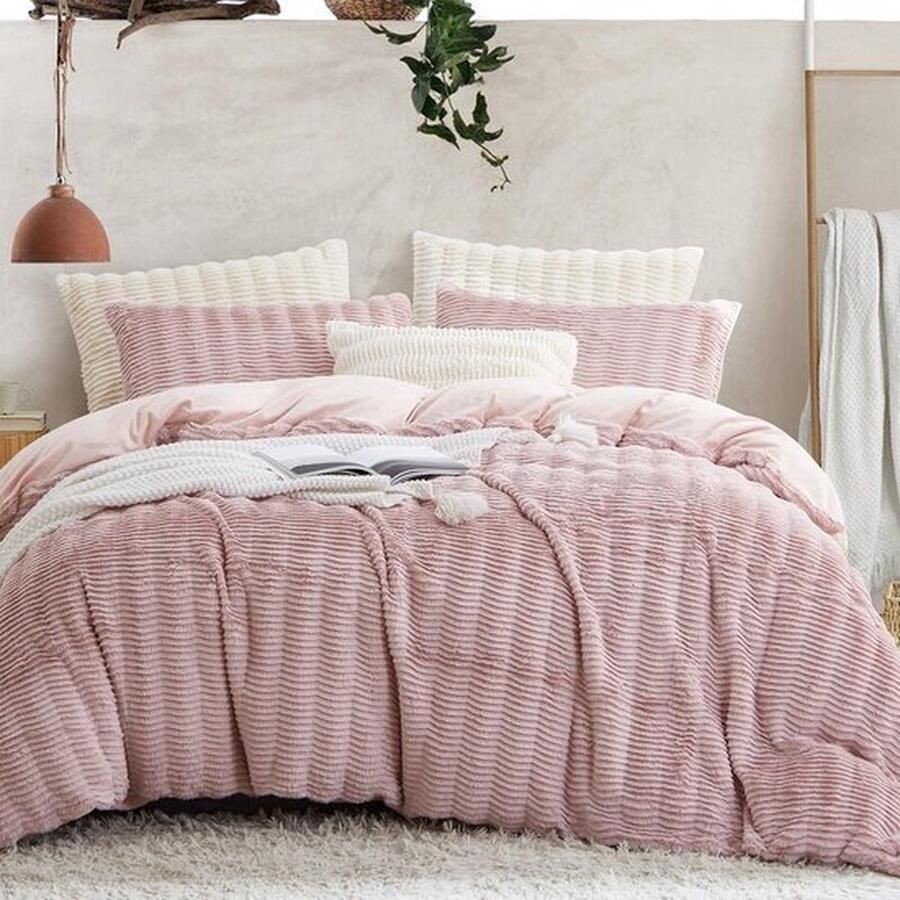 Roze Pluche Flanellen Winter Dekbedovertrek 140x200cm + Kussensloop 65x65cm Eenpersoonsbed Warm en Pluizig Tieners Beddengoed met Rits