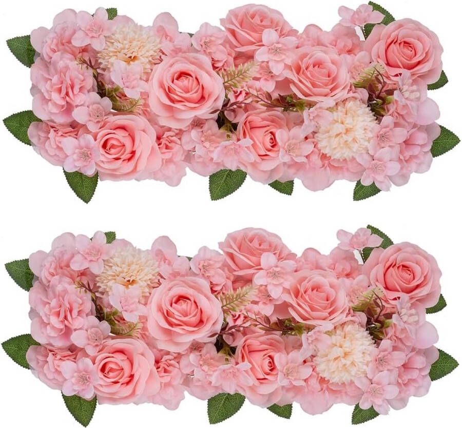 Roze rozen kunstbloemen voor decoratie 2 stuks bloempanelen voor tafel decoratieve bloemstukken met kunststof basis zijden bloemen voor bruiloft receptie tafel loper woondecoratie