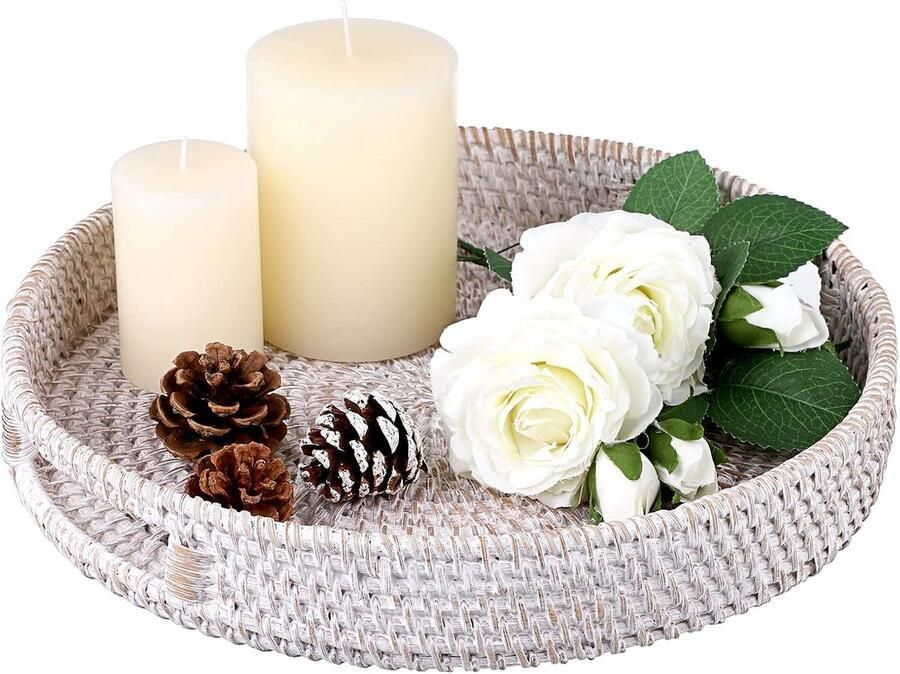 Ruality Rotan Dienblad 30 cm Decoratieve Display Lade Tafel Opberglade met Handvat Desktop Organizer Lade voor Servies Make-up Vanity Sieraden Kaars Ornament Whitewash