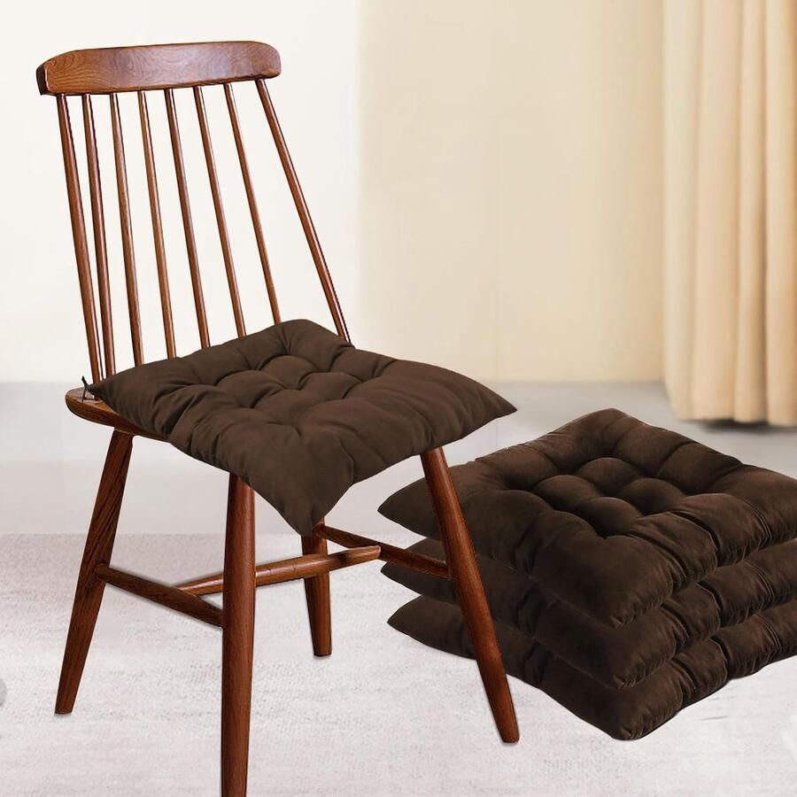 Ruality-Set van 4 stoelkussens zitkussen stoel 40 x 40 cm voor binnen en buiten set met banden bureaustoel balkonstoel zitkussen voor eetkamer woonkamer bruin