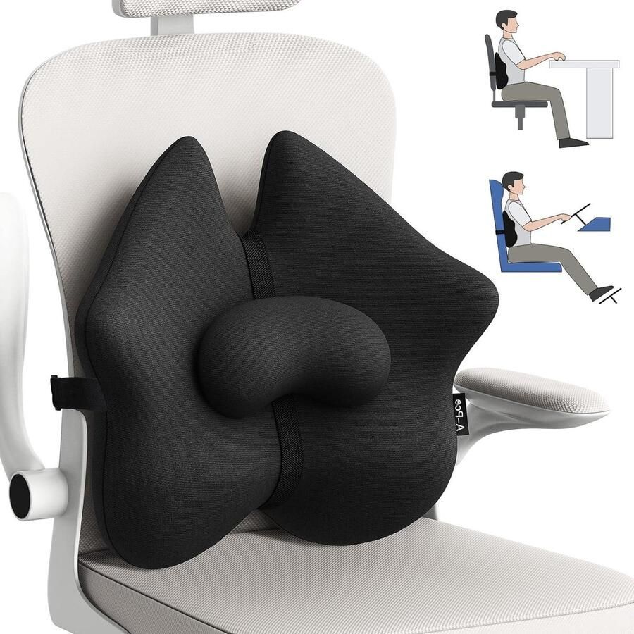Rugkussen auto verstelbaar lendensteunkussen ergonomisch rugsteunkussen traagschuim verbetert pijn in rug en zithouding lang zitten bureaustoel auto vliegtuig zwart Rugkussen auto
