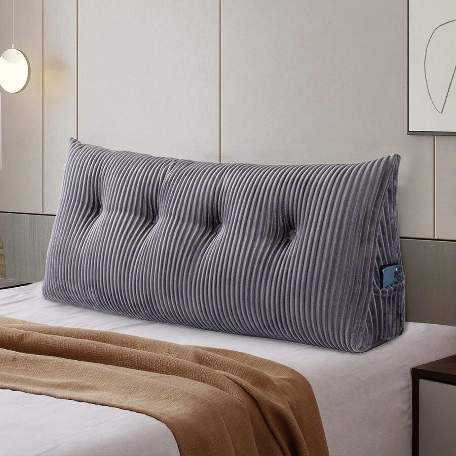 Rugkussen lang wigkussen lendenkussen bedrugsteun wigvorm rugsteunkussen zitkussen voor bed bank hoofdeinde leeskussen hoofdbordkussen (120 x 50 x 20 cm grijs)