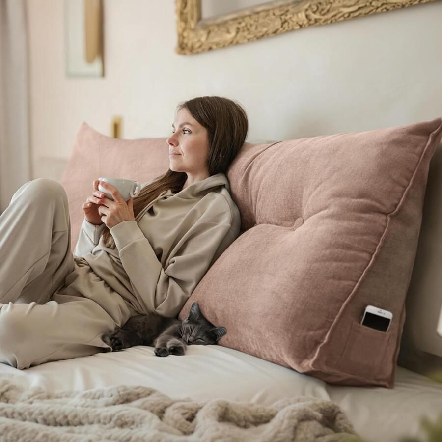 Rugkussen voor bed en bank Leeskussen Wigkussen met wasbare hoes en praktische zijvak