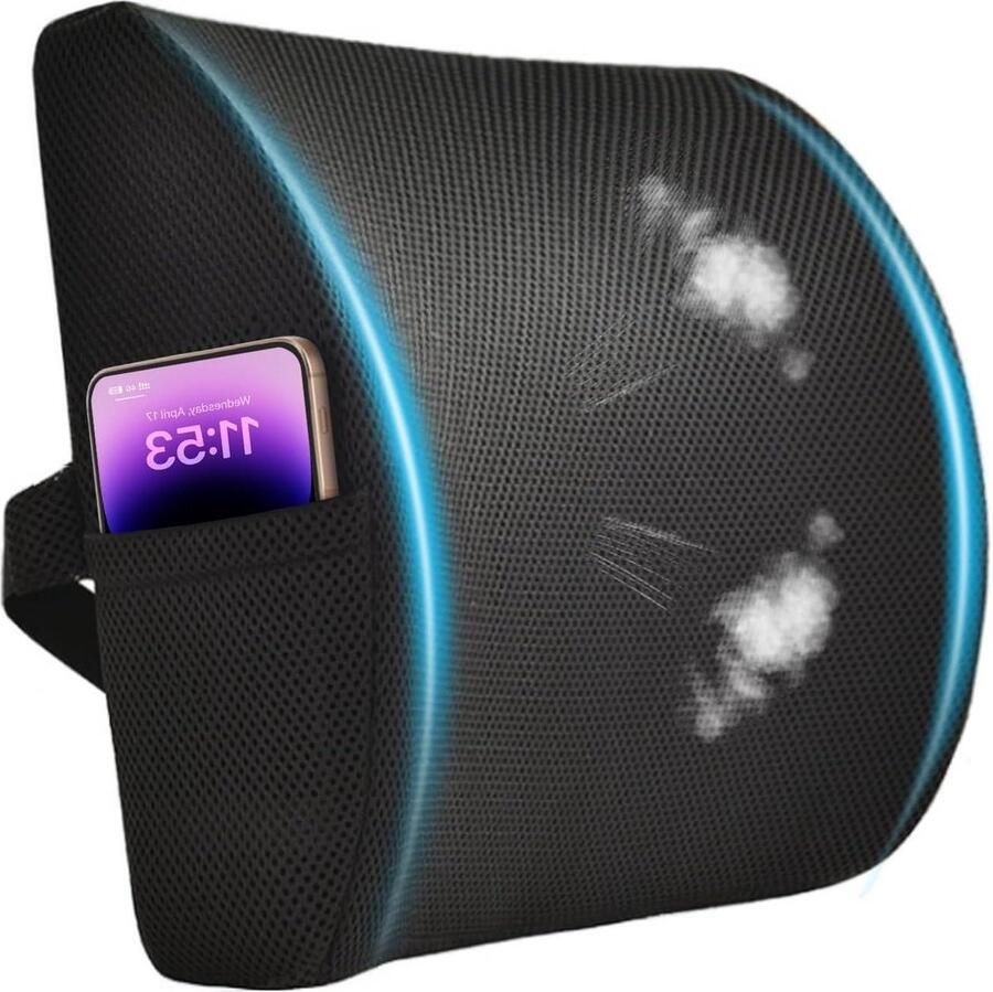 Rugkussen voor lumbale steun traagschuim ergonomisch lendensteunkussen met verstelbare riem ademende 3D-mesh-hoes rugpijnverlichting bureaustoel autostoel zwart