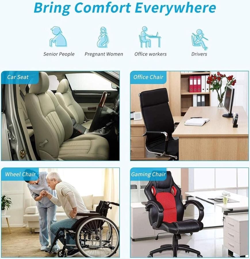 Rugsteunkussen van traagschuim voor bureaustoelen autostoelen rolstoelen gamingstoelen lage rugkussen met riem en draagtas