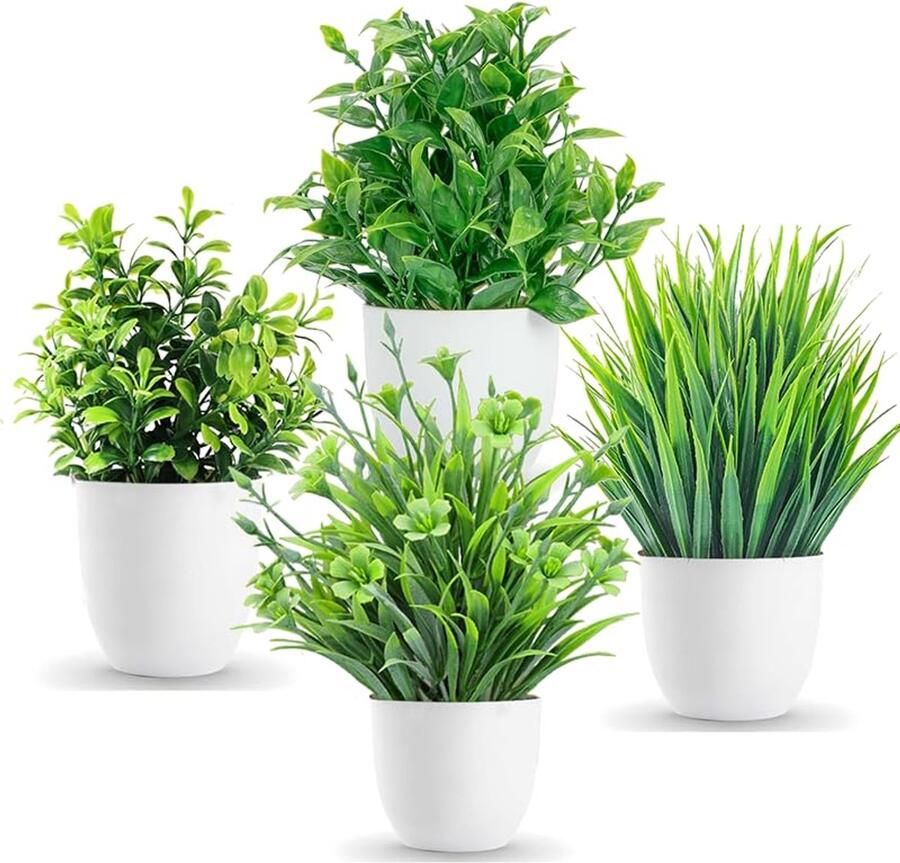 RUIBIFU 4 stuks kunstplant met pot kleine kunstmatige plastic plantendecoratie decoratieve planten plastic nepplanten kunstplant voor bureau woonkamer kantoor en badkamerdecoratie