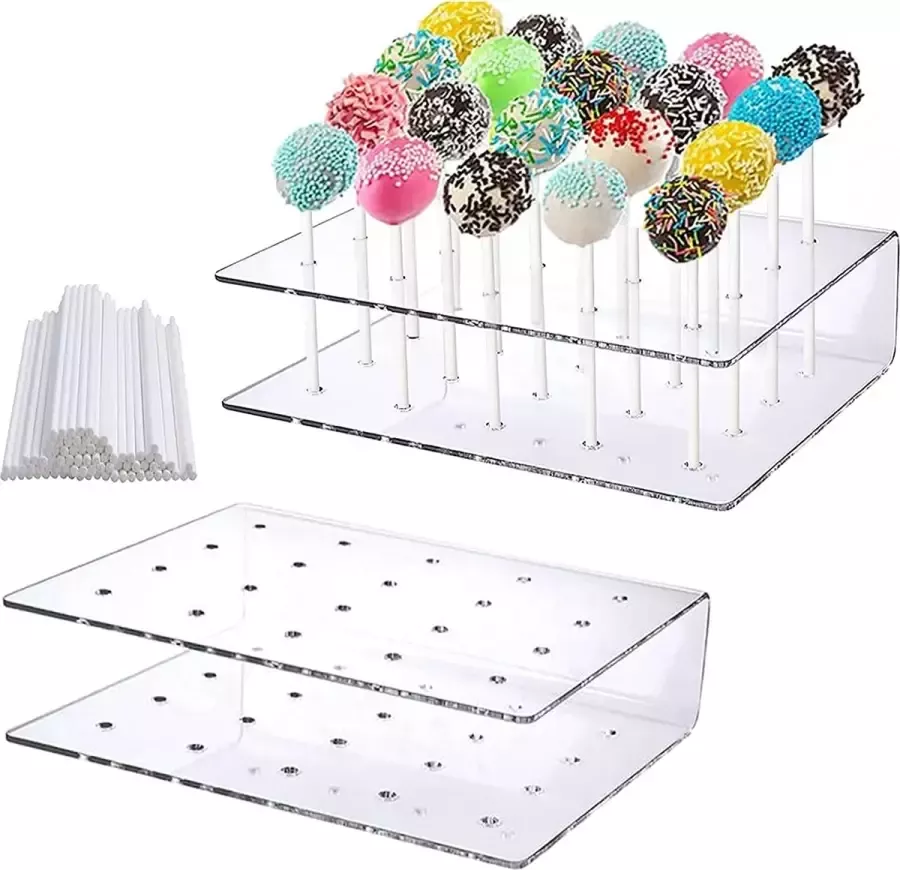 Ruikdly 2 stuks cakepopstandaard met 100 stuks lollysticks cakepophouder 20 gaten lollyhouder standaard voor bruiloft verjaardag dessert tafel feestdecoratie