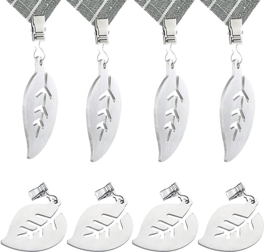Ruikdly Tafelkleedgewichten 8 stuks RVS Tafelkleedgewichten Tafelkleed kleine clips Tafelkleedclips voor dikke tafelbladen voor binnen en buiten Tuinbladvorm Zilver