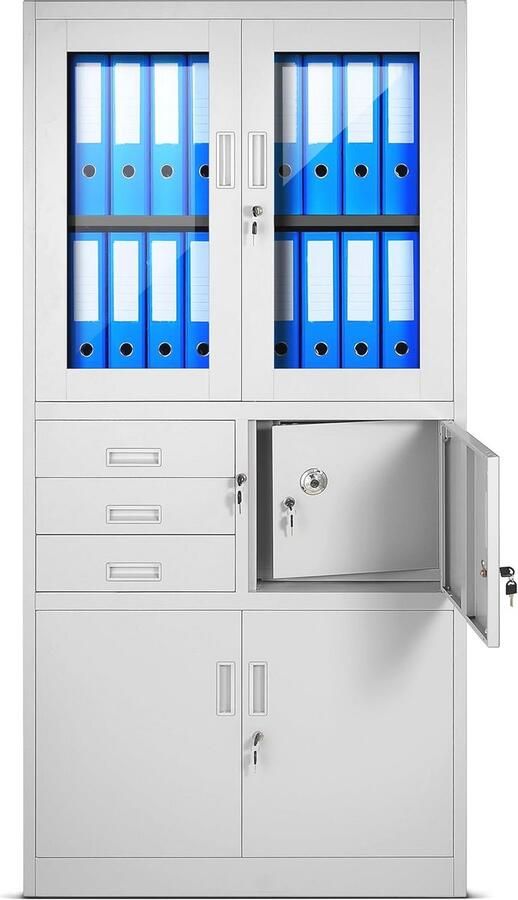 Ruime Archiefkast met Kluis en Vitrinekast 3 Lades Scharnierende Deuren 185 cm x 90 cm x 40 cm