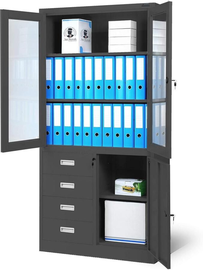 Ruime Archiefkast met Vleugeldeuren en Laden Metalen Kantoorkast 185 cm x 90 cm x 40 cm