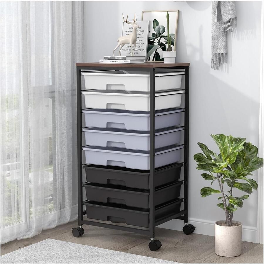 Ruime Opslag Trolley met 8 Lades en Houten Bovenblad voor Woonkamer Slaapkamer en Kantoor