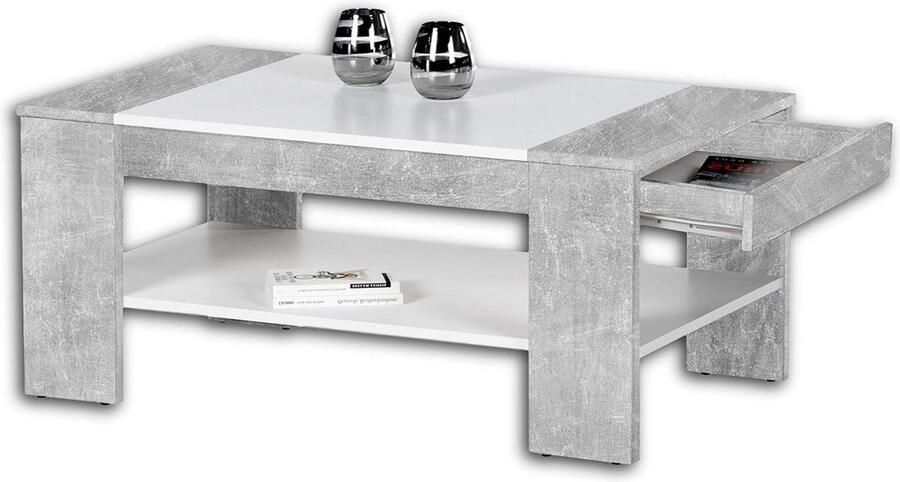 Ruime salontafel met lade en plank 100 x 44 x 58 cm (b x h x d) betonlook wit