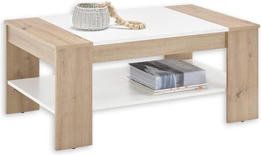 Ruime salontafel met lade en plank Artisan eiken wit 100 x 44 x 58 cm