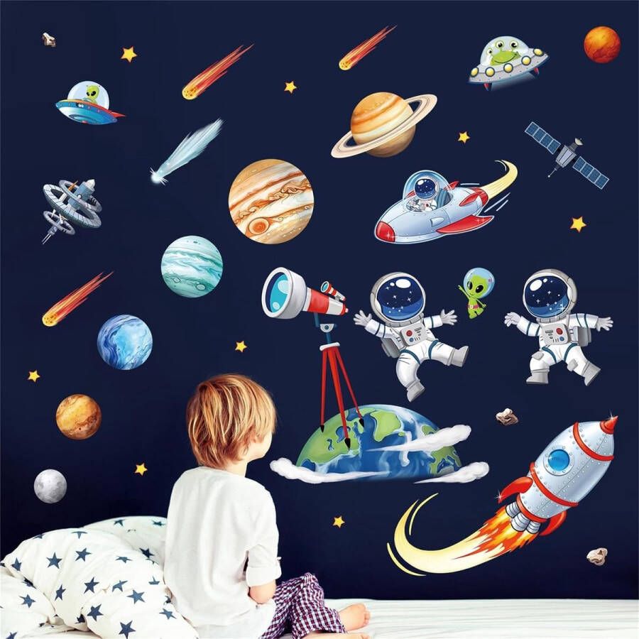 Ruimte Planeten Muurstickers Raket Astronaut Muurtattoo Babykinderkamer Slaapkamer Woonkamer Wanddecoratie