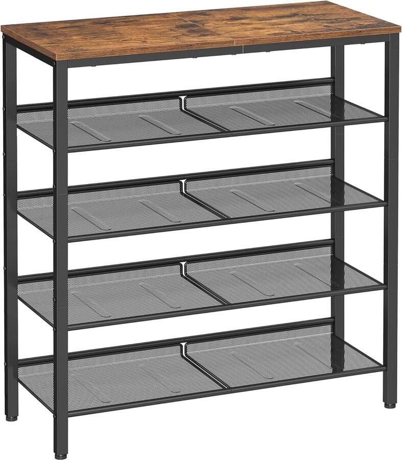 Ruimtebesparend 5-laags schoenenrek met 4 mesh planken en grote bovenkant – Industrieel design voor entree en hal